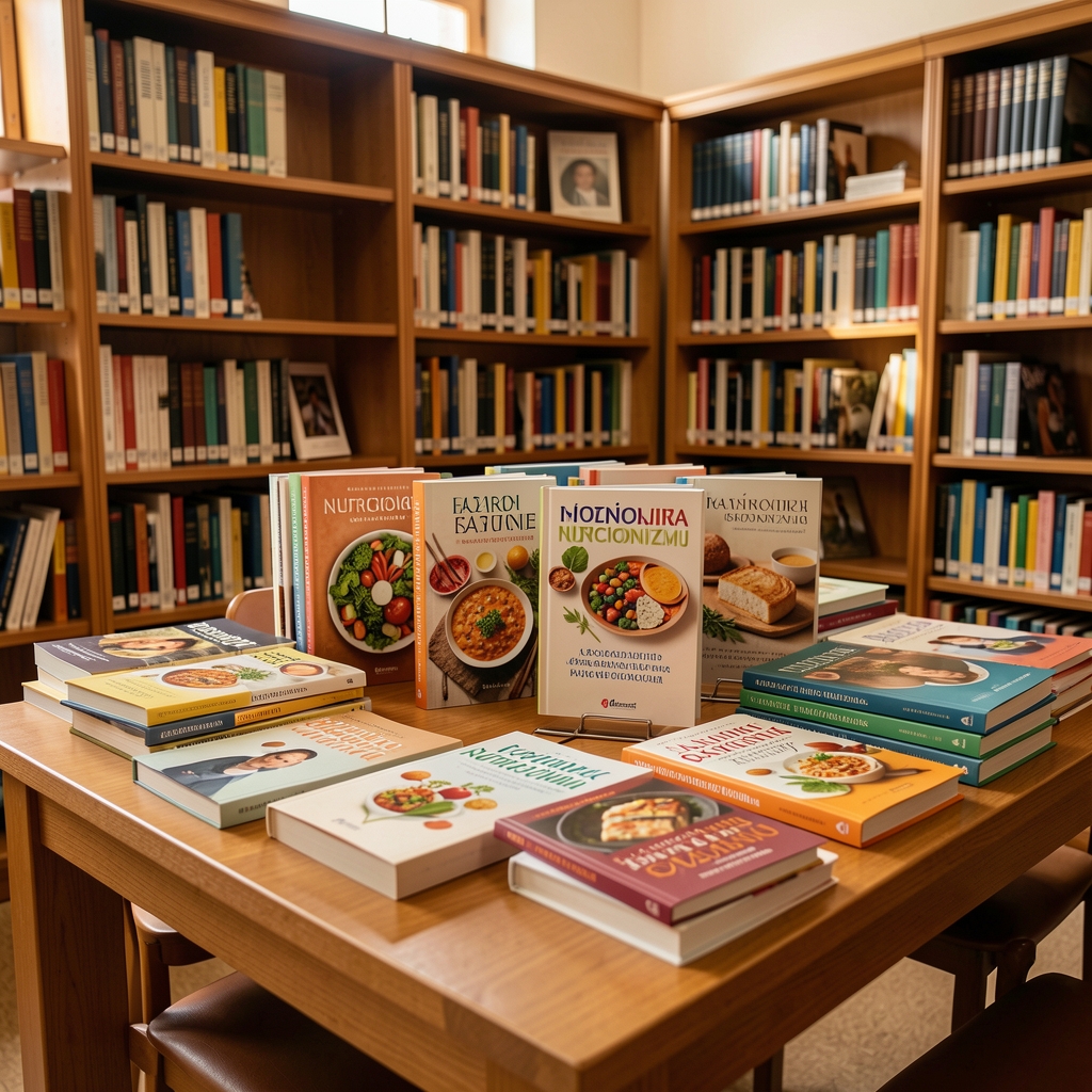 Raznolika kolekcija knjiga i časopisa o ishrani i nutricionizmu raspoređenih na stolu u biblioteci, topla boja papira i drvenih polica u pozadini