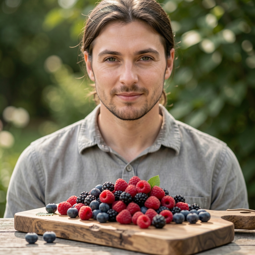 Raznovrsno sveže voće raspoređeno na rustikalnoj dasci za sečenje, jagode, borovnice i kruške, prirodno svetlo sa strane, bez aranžiranih pozadina