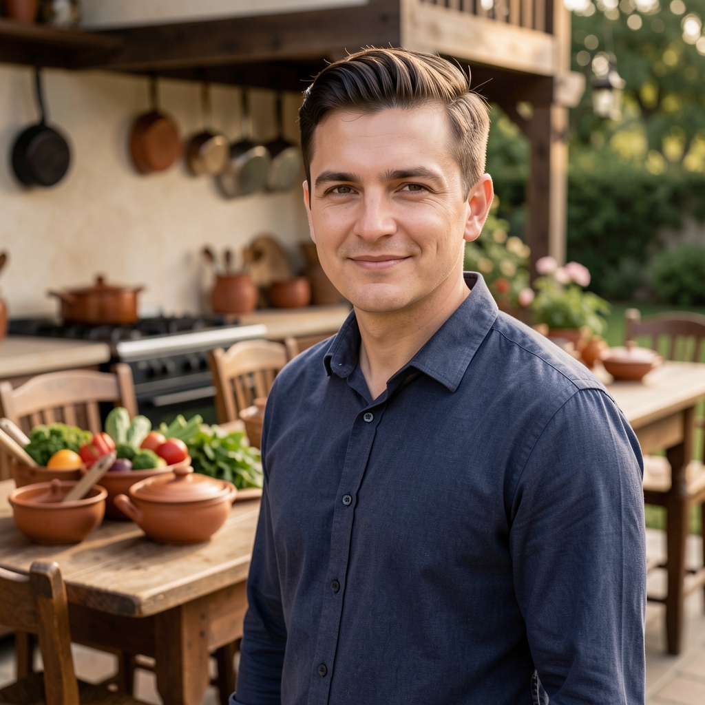 Tradicionalna kuhinja sa starim drvenim nameštajem i posuđem na stolu, glinirani lonci, tava i sveže namirnice na kamenom radnom pultu