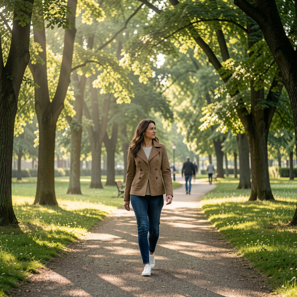Žena u jutarnjoj šetnji pored reke u ranim jutarnjim satima, magla nad vodom, tiha atmosfera, zeleno šetalište uz obalu