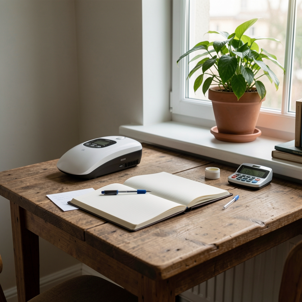 Svetla pisarna sa drvenim stolom, otvorenom bilježnicom i penom za pisanje, zelena biljka u saksiji na prozorskoj dasci, mirna radna sredina