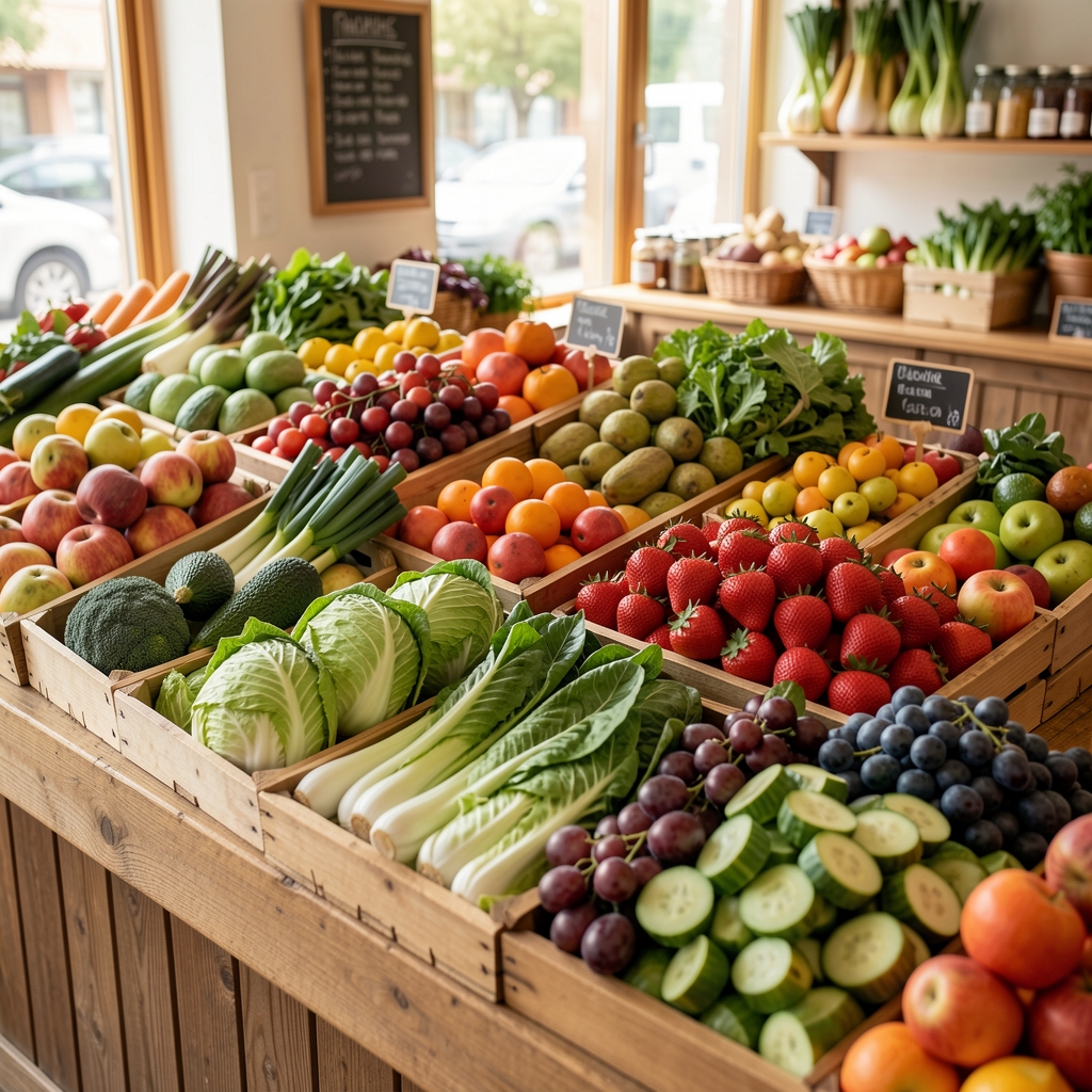 Bogato složena pijačna tezga sa raznovrsnim sezonskim povrćem i voćem u letnje jutarnje svetlo, drvene gajbe pune paradajza, krastavca i zelenih listova