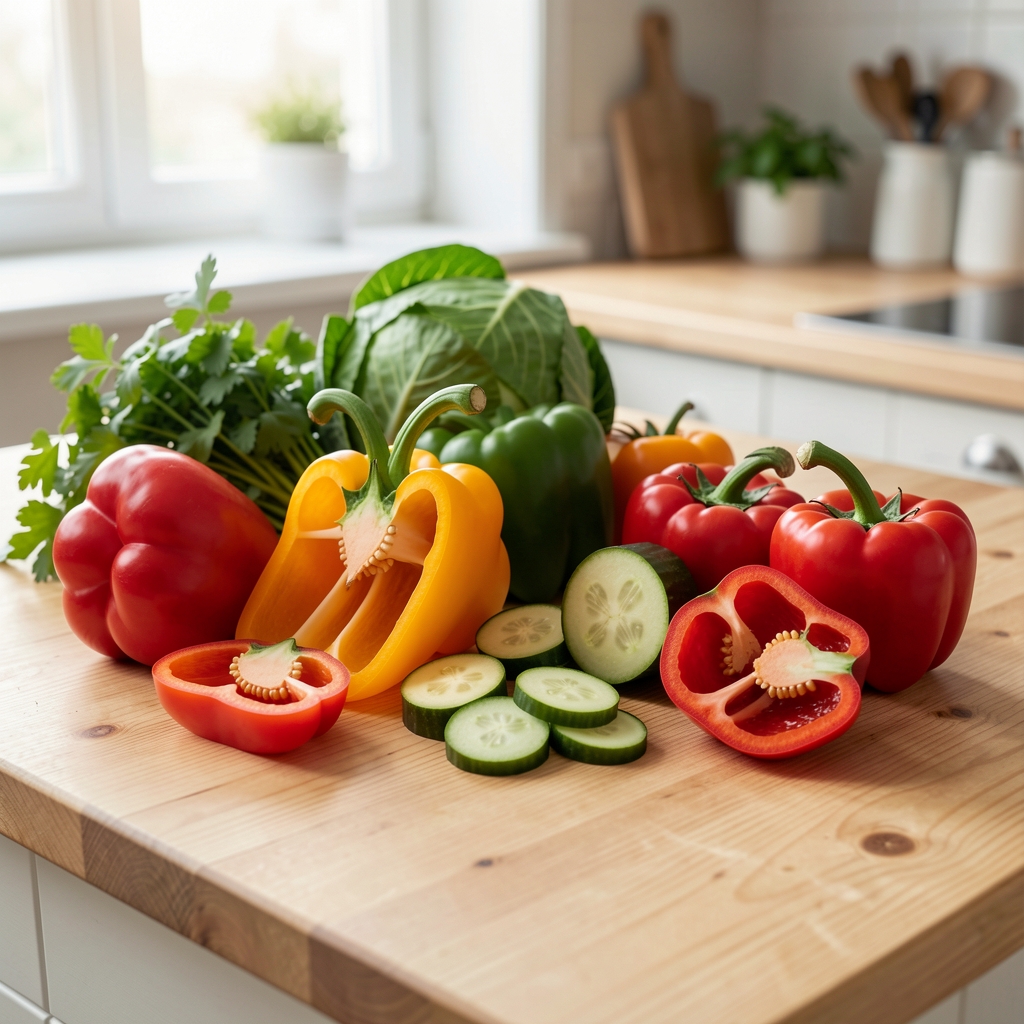 Kuhinjski sto sa sveže razloženim povrćem pripremljenim za obrok, šarene paprike, tikvice i paradajz na svetloj drvenoj površini, prirodno dnevno svetlo