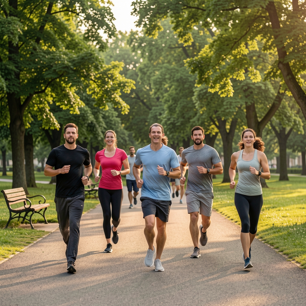 Grupa ljudi u laganom trčanju u parku u jutarnje vreme, zelenilo drveća u pozadini, opuštena rekreativna atmosfera bez takmiačarskog karaktera