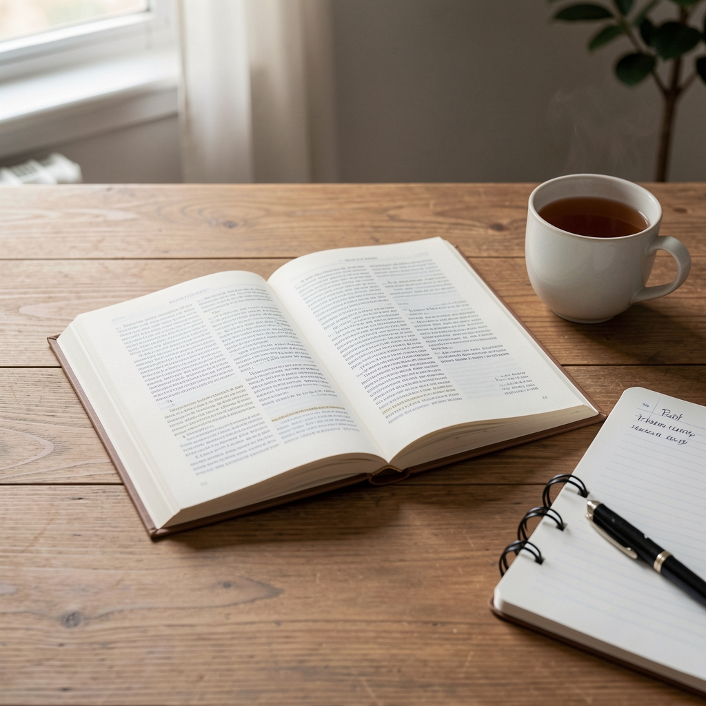 Otvorena knjiga o ishrani sa stranicama punim teksta otvorena na stolu, pored nje šolja čaja i sveska s beleškama, mirna studijska atmosfera