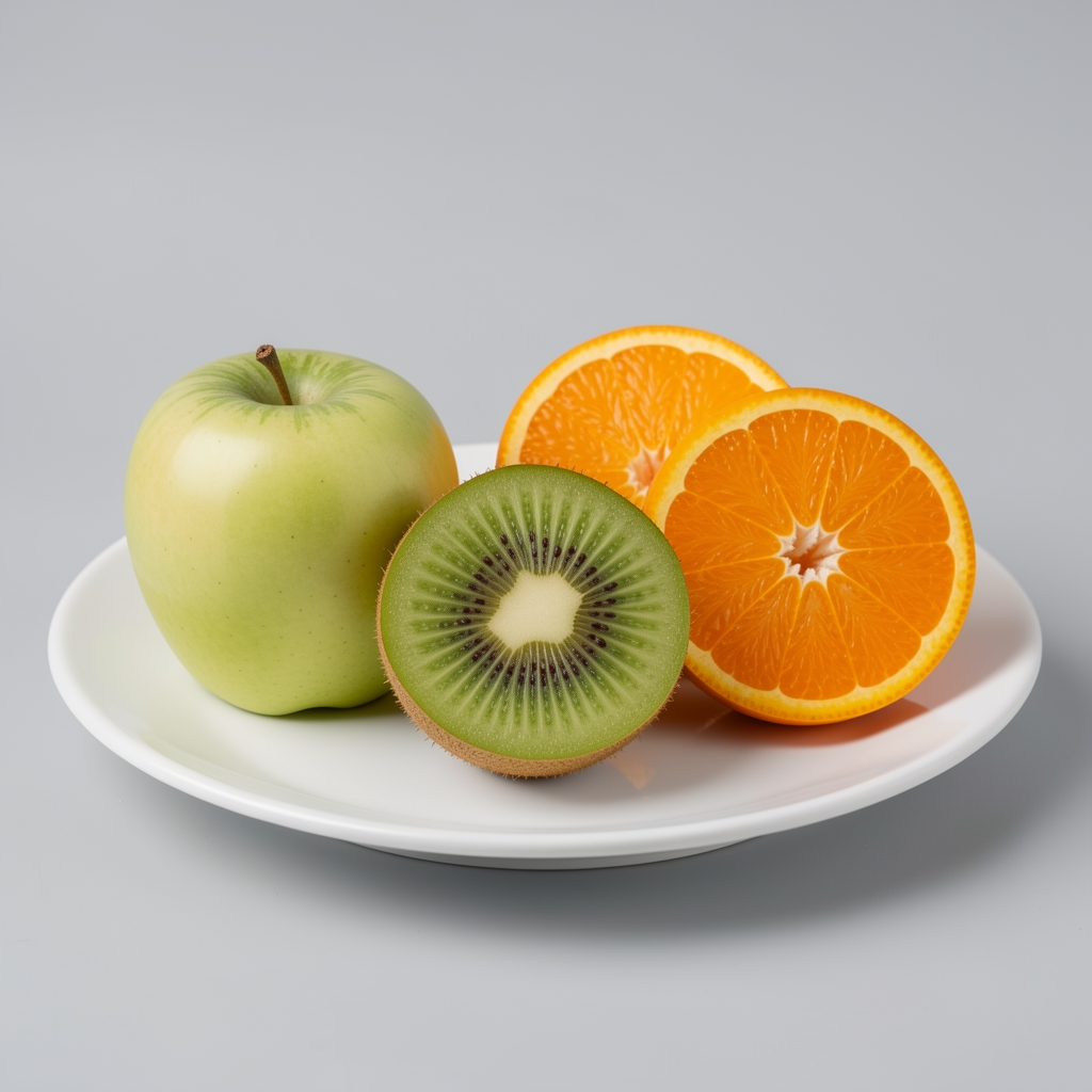 Prerez raznog voća na belom tanjiru na neutralnoj pozadini, jabuka, kivi i narandža prikazani u poprečnom preseku, čisto svetlo